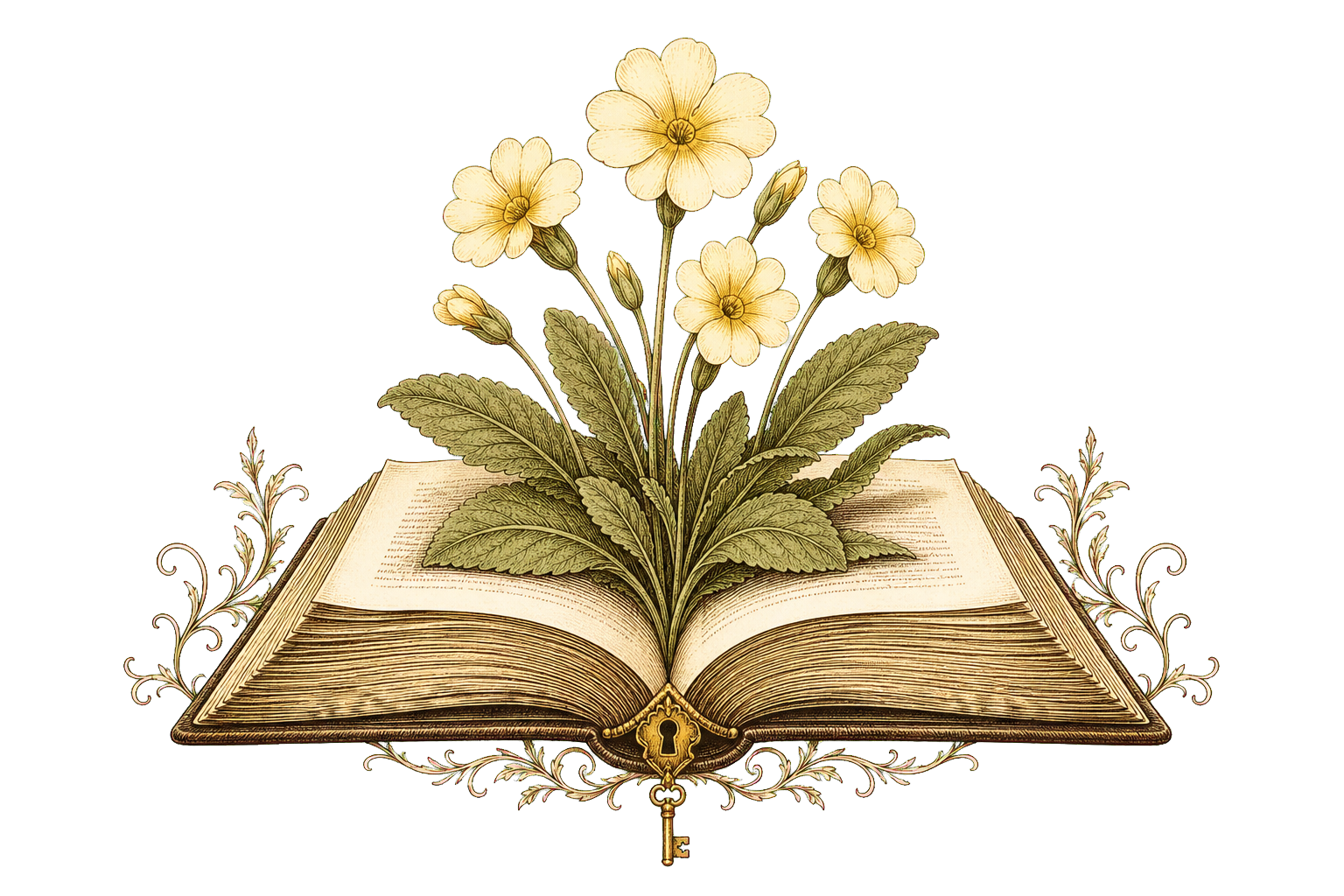 An open antique book with primroses growing from its pages and a tiny key