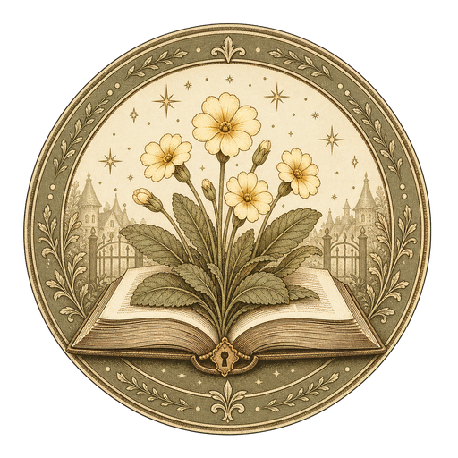Sage medallion seal with primroses growing from an open book beneath stars