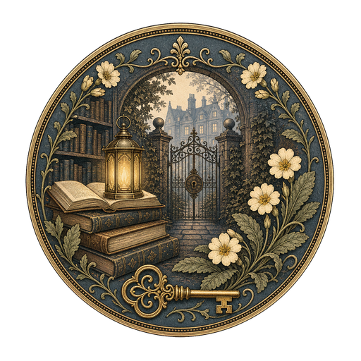 Gaslamp-blue medallion seal with a glowing lantern, key, stacked books, and an ivy-covered garden gate