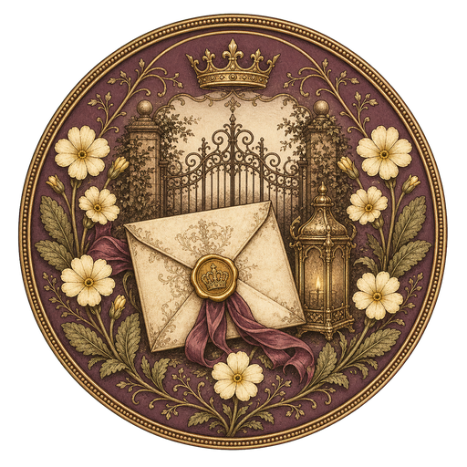Plum medallion seal with a wax-sealed royal invitation, crown, lantern, and garden gate